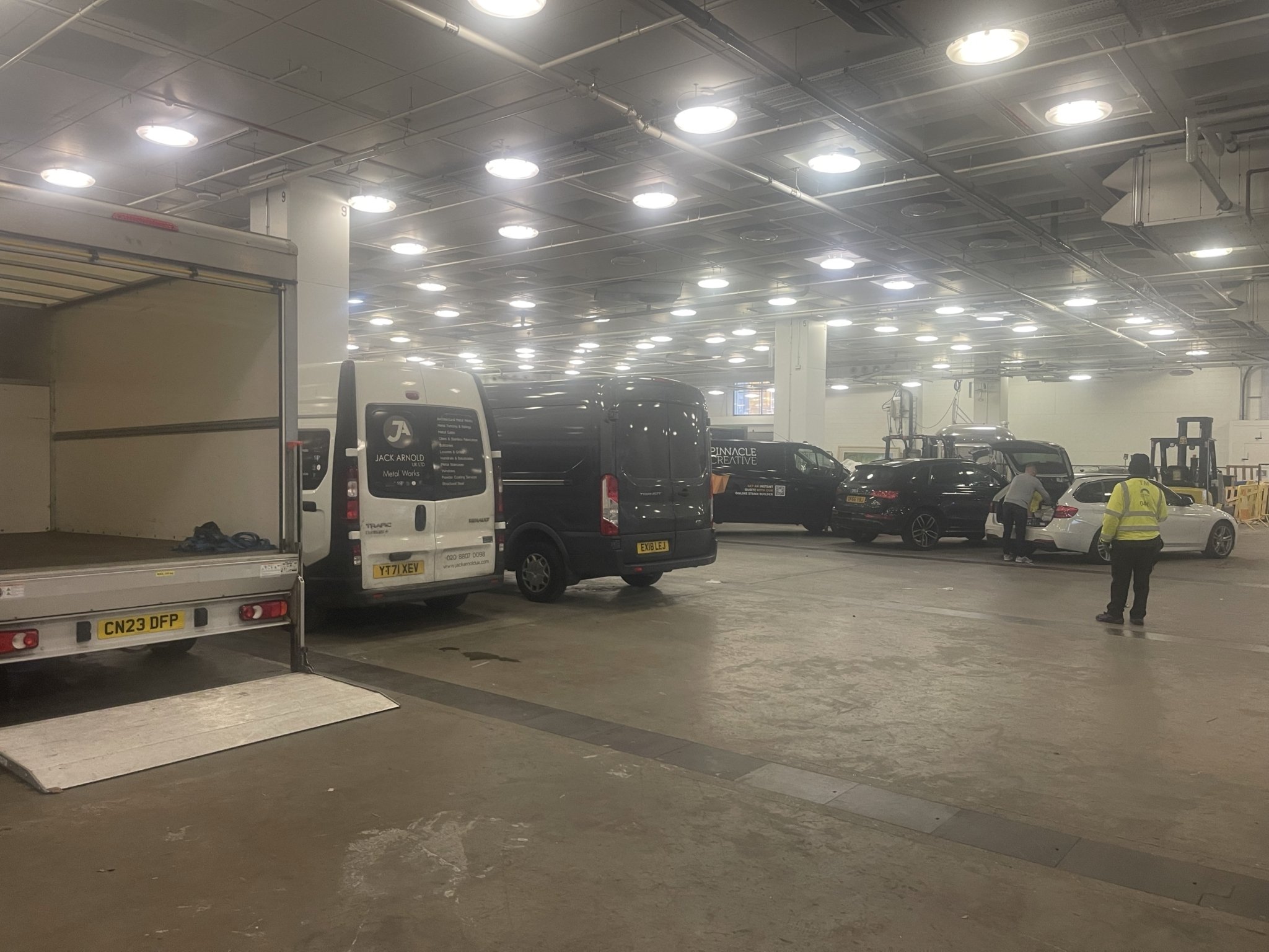 Loading bay at Olympia London with ESV Removals crew during a timed access window